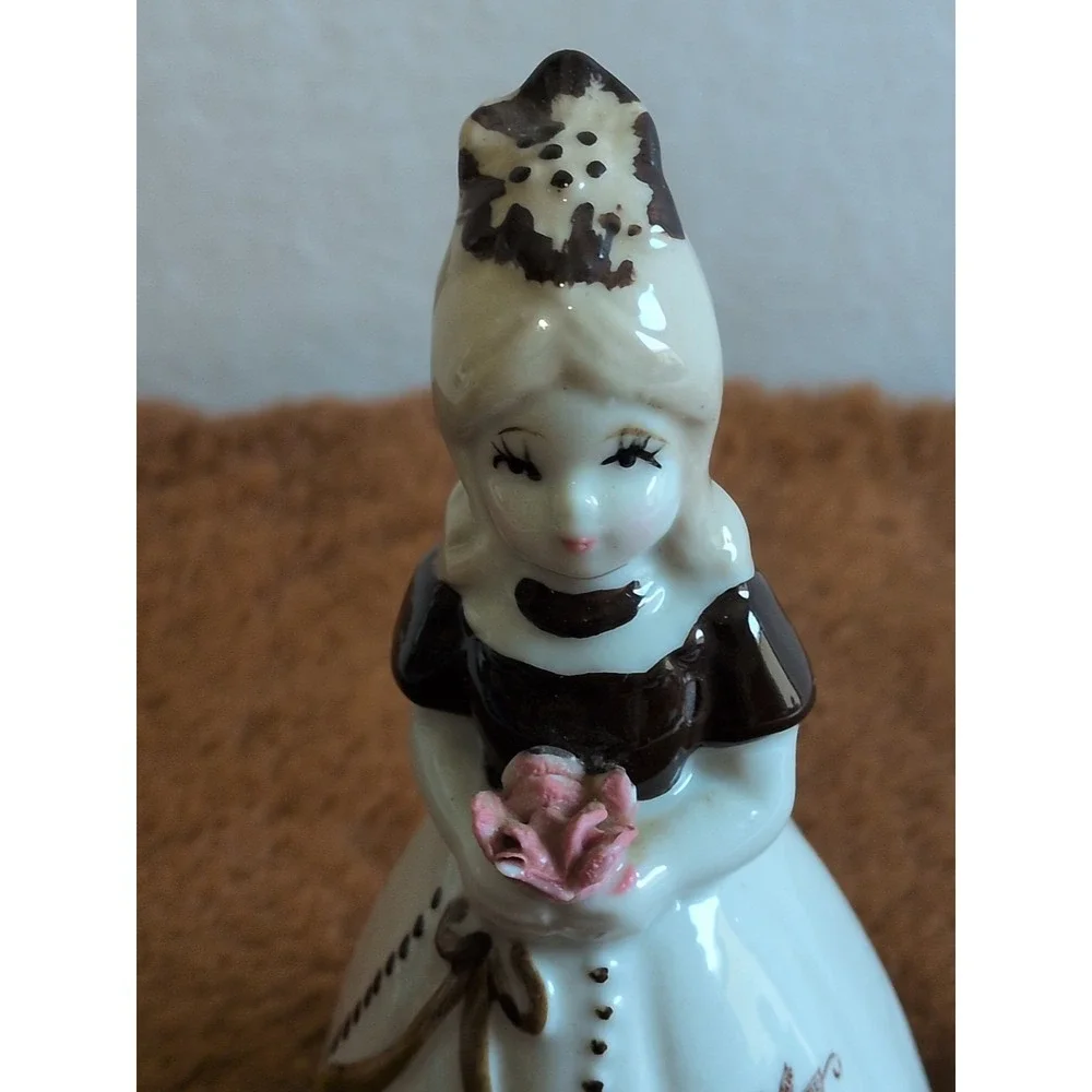 Vintage Brinn's Porcelain Victorian Girl Bell with Pink Rose 5.5